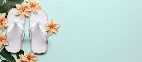 Photo of a pair of white flip flops adorned with vibrant floral patterns with copy space