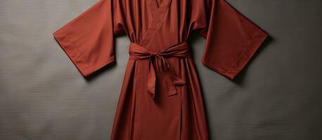 Photo of a vibrant red robe hanging on a blank wall with copy space