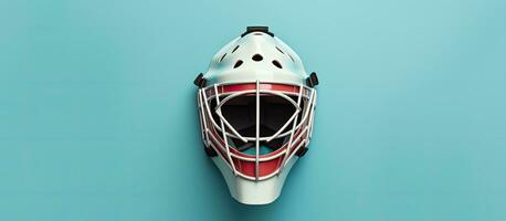 Photo of a goalie mask on a vibrant blue background with copy space