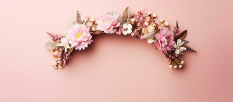 Photo of a pink wall with a beautiful flower crown as a focal point with copy space