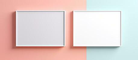 Photo of two contemporary white square frames on a vibrant pink and blue wall with copy space