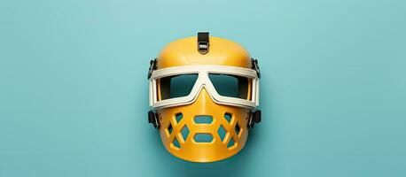 Photo of a yellow helmet with goggles on a vibrant blue background, perfect for outdoor adventures with copy space