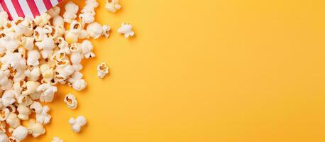 Photo of popcorn spilled out of a striped paper bag on a yellow background with copy space with copy space