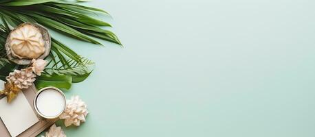 Photo of a coffee cup on a table next to a green plant, with plenty of empty space for text or other elements with copy space