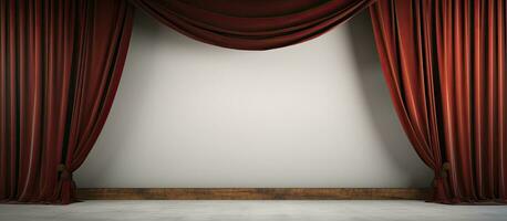 Photo of a room with a red curtain and a white wall with copy space