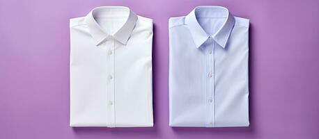 Photo of two white shirts on a vibrant purple background with ample copy space with copy space