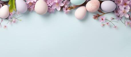 Photo of colorful flowers and decorated eggs on a vibrant blue background with copy space