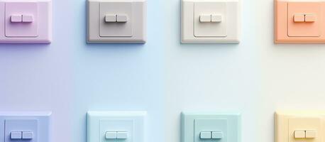 Photo of colorful light switches on a wall with plenty of space for text or other design elements with copy space