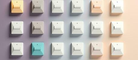 Photo of a wall with a variety of colorful switches with copy space