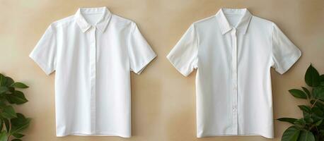foto de dos blanco camisas colgando en un pared siguiente a un planta con amplio Copiar espacio con Copiar espacio