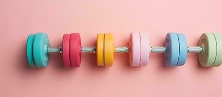 Photo of colorful dumbbells on a vibrant pink background with copy space with copy space