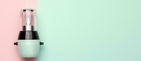 Photo of a stylish blender against a colorful wall with copy space