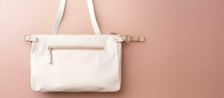 Photo of a white purse hanging on a pink wall with copy space with copy space