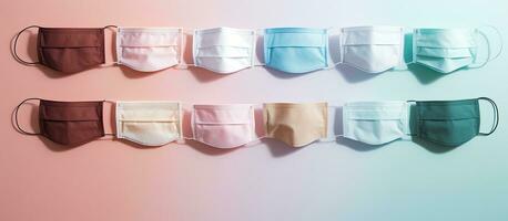 Photo of a colorful display of face masks hanging on a wall with copy space