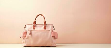 Photo of a pink purse on a white table with plenty of space for text or graphics with copy space