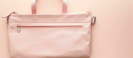 Photo of a pink handbag hanging on a pink wall with copy space with copy space