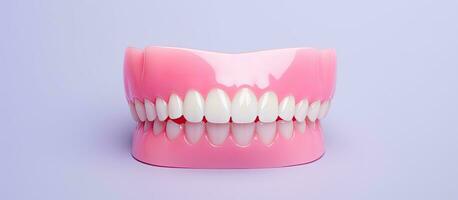 Photo of a pink toothbrush with white teeth on a purple background with copy space