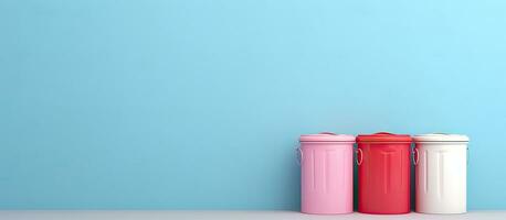 Photo of three colorful cups on a table with empty space for text or design with copy space