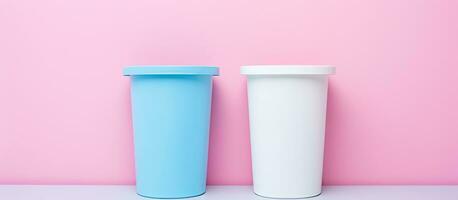 Photo of two coffee cups against a pink wall with copy space with copy space