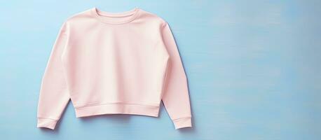 Photo of a pink sweater hanging on a blue wall with ample copy space with copy space
