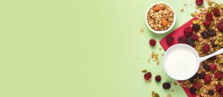 Photo of a healthy breakfast with granola and yogurt with copy space