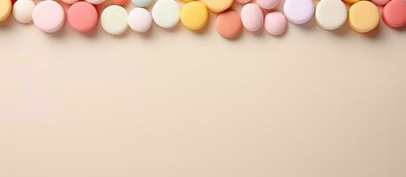 Photo of various colorful candies displayed on a table with copy space