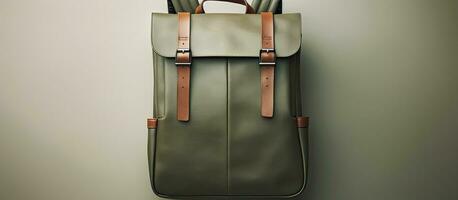 Photo of a backpack hanging on a wall with empty space for text or other design elements with copy space