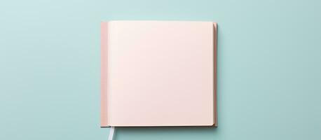 Photo of a pink notebook on a light blue background with plenty of space for your creative ideas with copy space