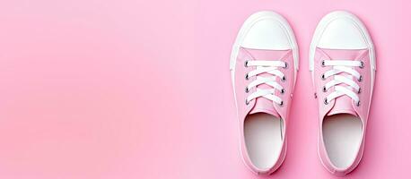 Photo of pink sneakers on a vibrant pink background with ample copy space with copy space