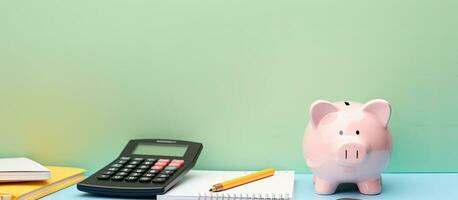 Photo of a pink piggy bank and calculator on a desk with empty space for copy with copy space