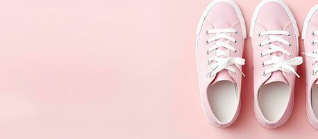 Photo of a pair of vibrant pink tennis shoes on a matching pink background with copy space