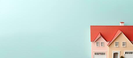 Photo of a miniature toy house on a rustic wooden table with plenty of space for creativity with copy space