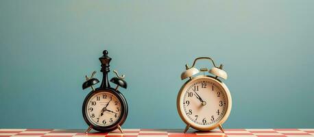 Photo of two clocks on a checkered table, creating a timeless atmosphere with copy space