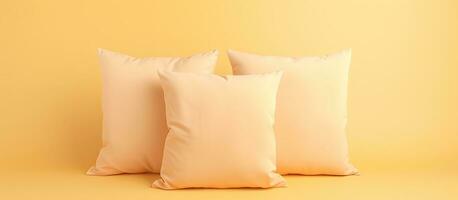 Photo of three white pillows on a vibrant yellow background, perfect for adding a pop of color to any space with copy space