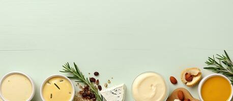 Photo of a table filled with a variety of delicious and colorful food bowls with copy space