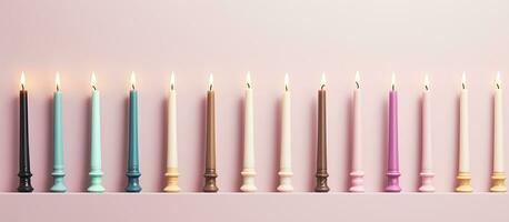 Photo of a row of candles on a shelf, creating a warm and inviting atmosphere with copy space