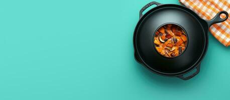 Photo of a sizzling frying pan with delicious food cooking inside with copy space