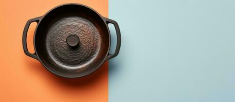 Photo of a cast iron skillet on a vibrant orange and blue background with ample copy space with copy space