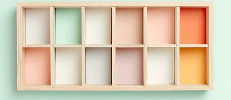 Photo of a vibrant and organized multicolored shelf with various compartments with copy space