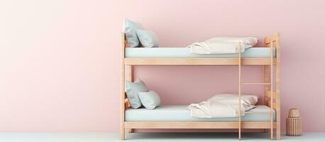 Photo of two bunk beds against a pink wall with pillows and plenty of space for cozy sleepovers with copy space