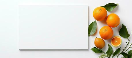 Photo of a blank card surrounded by oranges and leaves with copy space