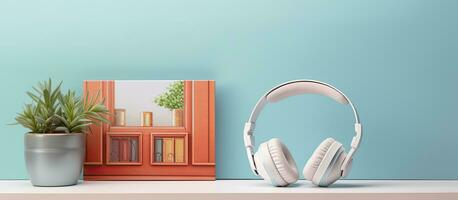 Photo of a pair of headphones next to a potted plant on a shelf with copy space