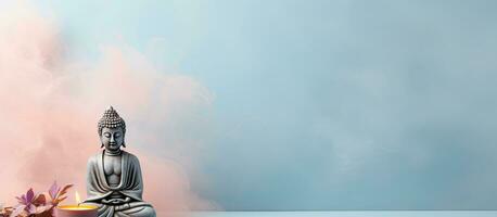 Photo of a serene Buddha statue sitting on a table in a peaceful setting with copy space