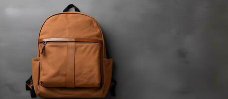 Photo of a brown backpack hanging on a wall with empty space for text or other elements with copy space