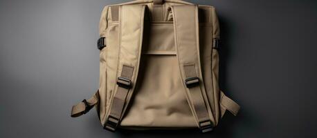 Photo of a tan backpack on a table with empty space for text or other elements with copy space