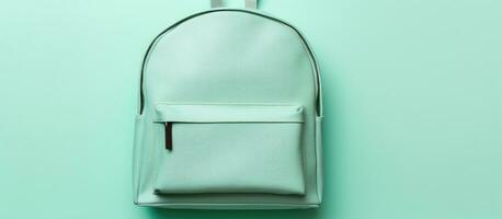 Photo of a white backpack hanging on a green wall with plenty of empty space for text or other design elements with copy space