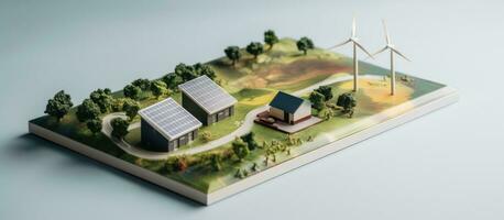 Photo of a model house with a wind turbine in the background, showcasing sustainable living with copy space