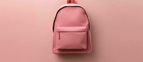 Photo of a pink backpack hanging on a pink wall with empty space for text or design with copy space