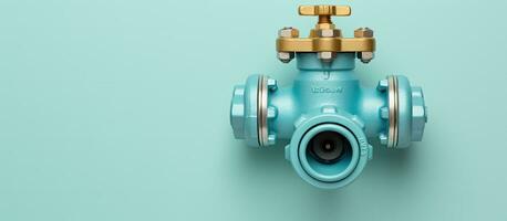 Photo of a blue valve on a wall, with plenty of empty space for text or other elements with copy space