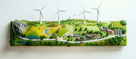 Photo of a wind farm model with windmills in the background, showcasing renewable energy with copy space